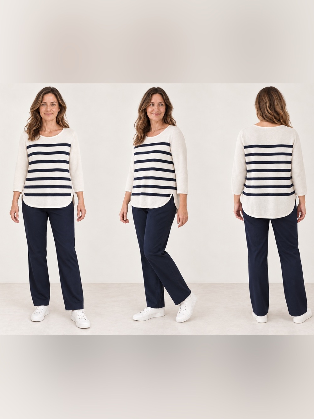 Trenery Women’s 100% Cotton Navy Ivory Striped High Low Pullover Sweater